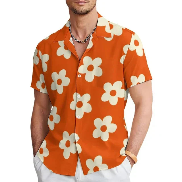 Men's bold orange floral print short sleeve summer shirt, relaxed fit, perfect for beachwear & vacations.
