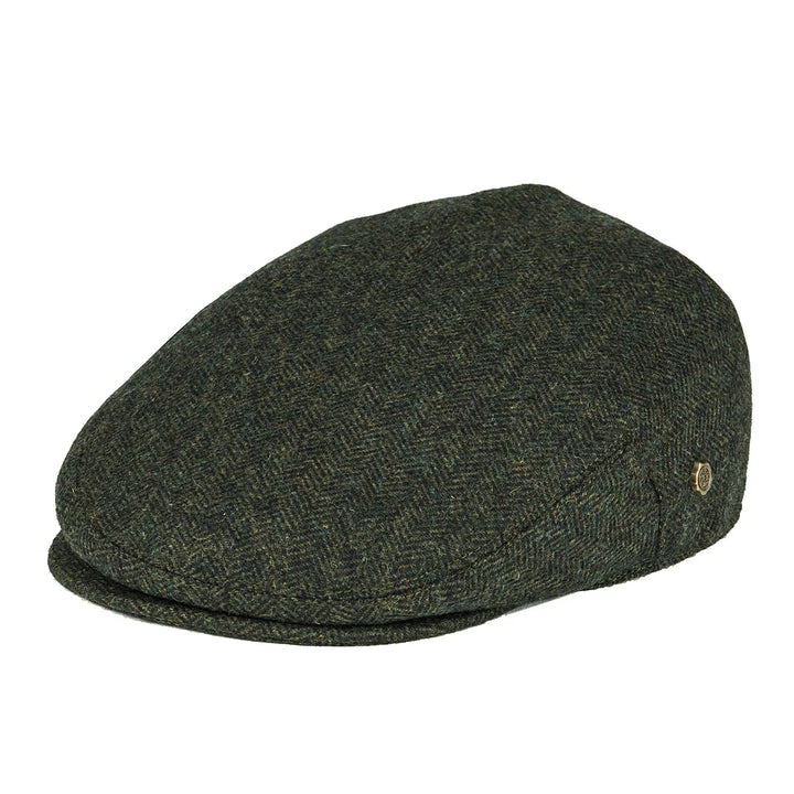 Stylish men's herringbone flat cap worn by a model, front view, for a classic look.
