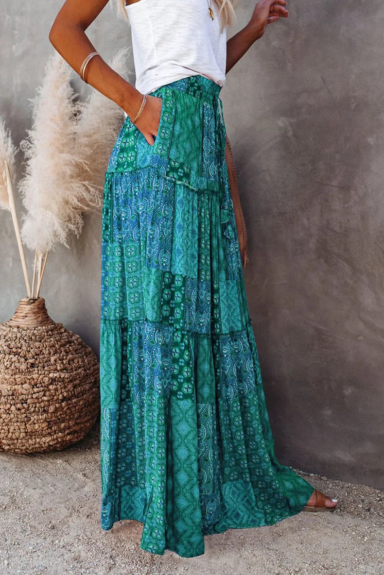 Elegant women's high-waisted A-line floral maxi skirt, embodying casual chic style.