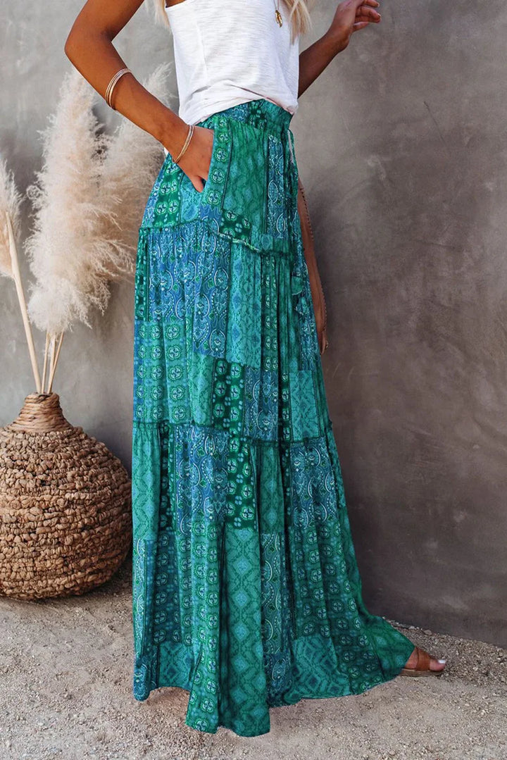 Elegant women's high-waisted A-line floral maxi skirt, embodying casual chic style.