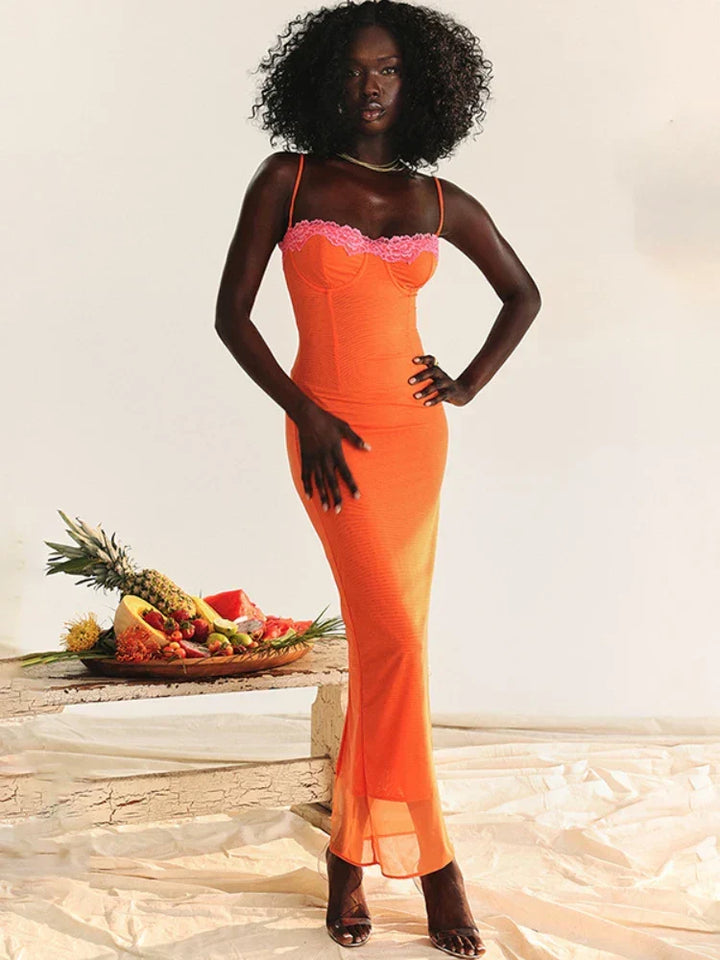 Vibrant orange women's maxi dress, sleeveless & V-neck. Chic fashion for elegant evening wear & formal events.
