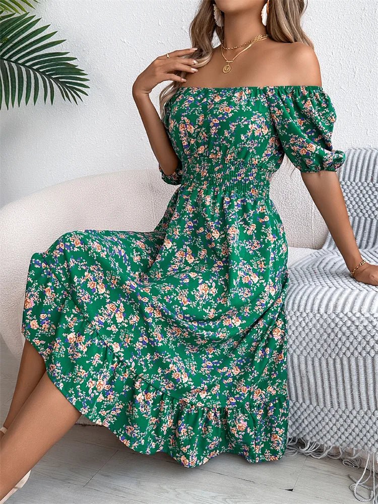 Women's elegant floral smocked midi dress, featuring charming puff sleeves. Spring/Summer style.