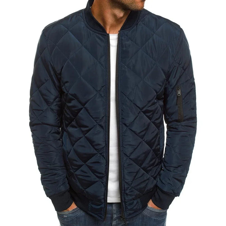 Versatile men's diamond pattern quilted jacket, a comfortable and stylish outerwear choice for any season.