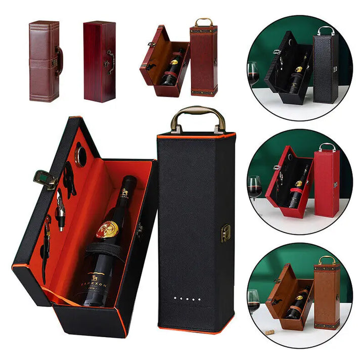 Elegant synthetic leather wine carrier case with accessories, perfect for portable storage.