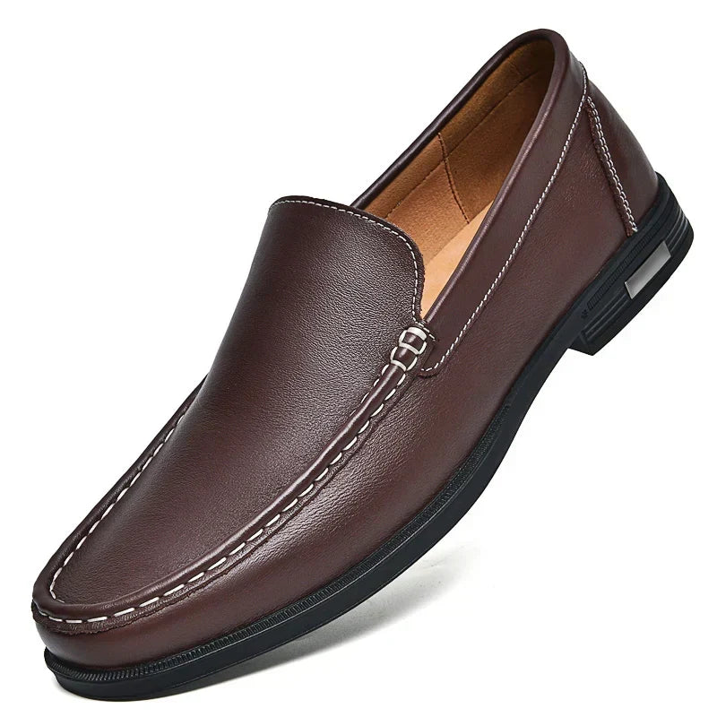 Brown slip-on men's dress shoes, combining comfort and versatile elegant fashion.