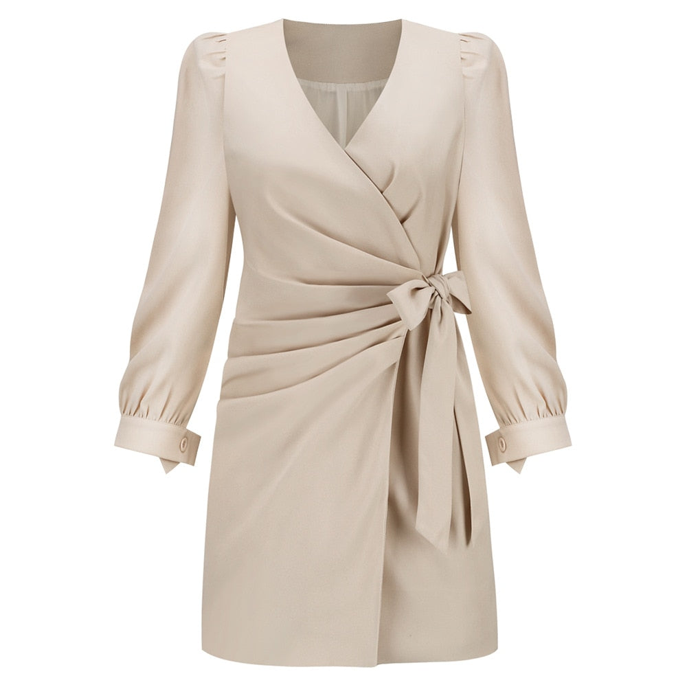 Stylish women's wrap mini dress featuring long sleeves and an adjustable waist tie, ideal for versatile fashion.