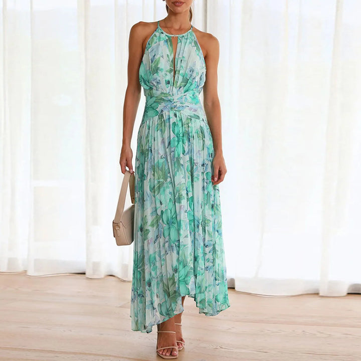 Elegant women's boho floral swing maxi dress. Halterneck design perfect for summer casual outings & vacation.