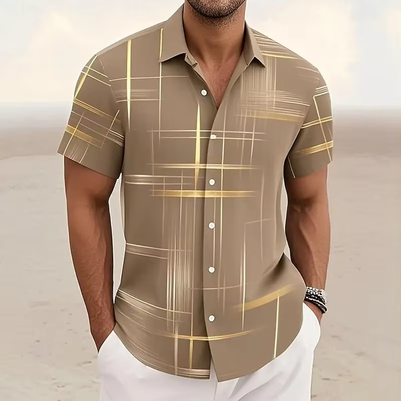 Everyday men's short-sleeve shirt with a stylish geometric pattern, comfortable & modern for summer fashion.