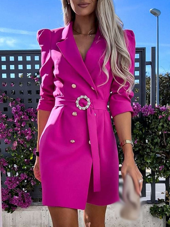 Chic women's belted blazer dress, double-breasted, tailored fit, mini length, great for sophisticated office wear.