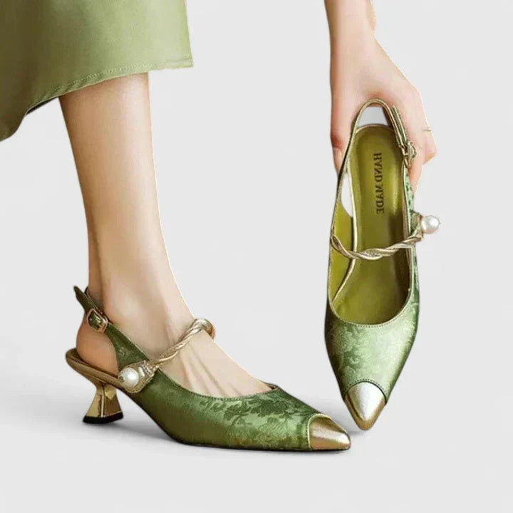 Elegant women's orthopaedic kitten heels with pearl straps, perfect for parties & dress events.
