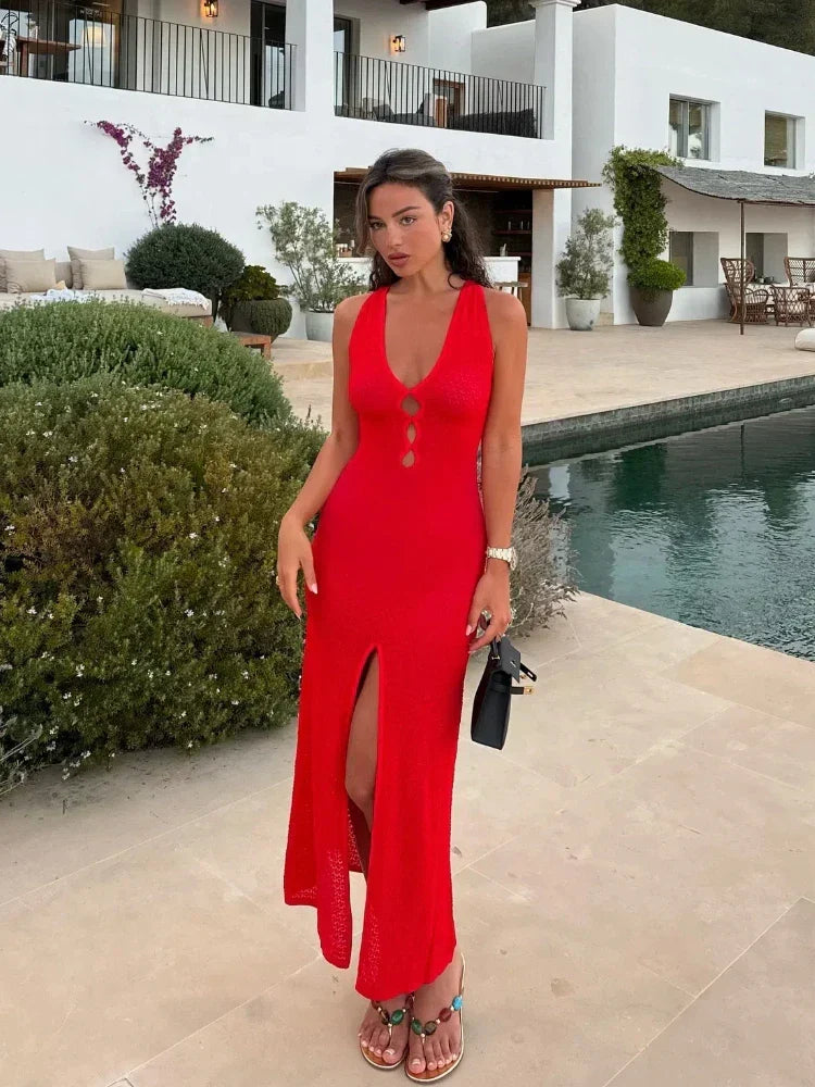 Stylish women's halter sleeveless maxi dress, perfect for elegant summer holidays & evening wear.