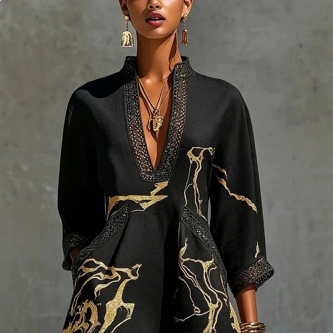 Stylish women's mini dress with V-neckline and delicate lace trim. A versatile elegant fit.