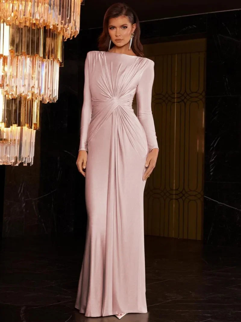 Elegant A-line twist maxi dress for women. Perfect evening gown for wedding guests & special occasions.