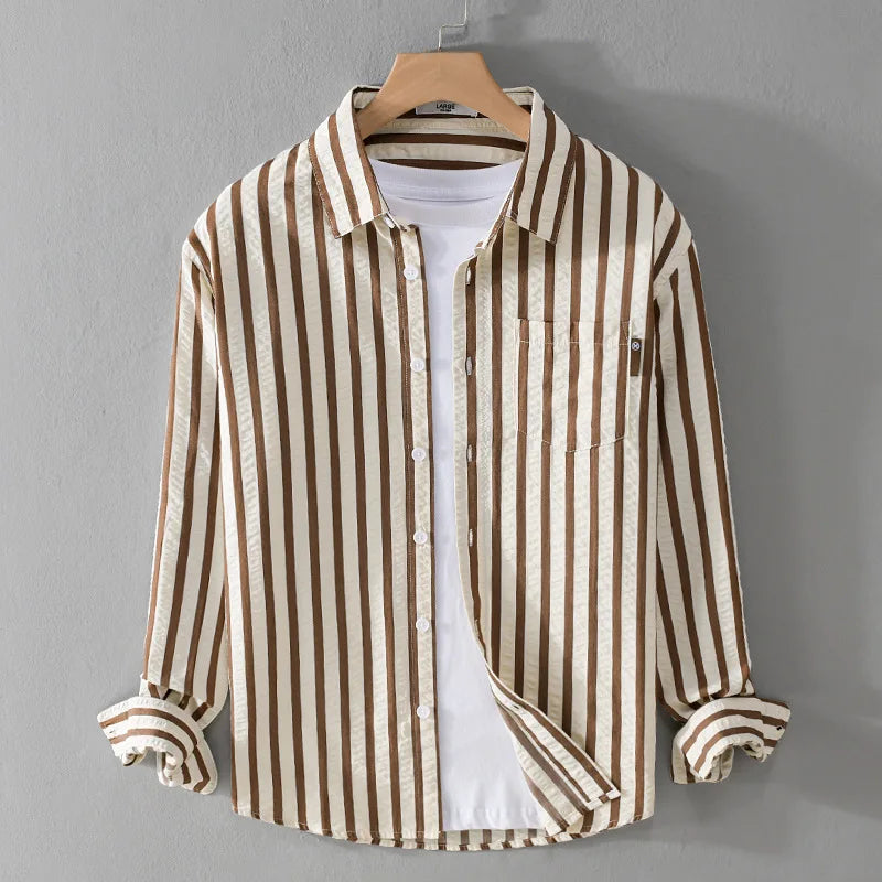 Men's classic striped long sleeve button-front shirt with a spread collar, ideal for smart casual or everyday wear.