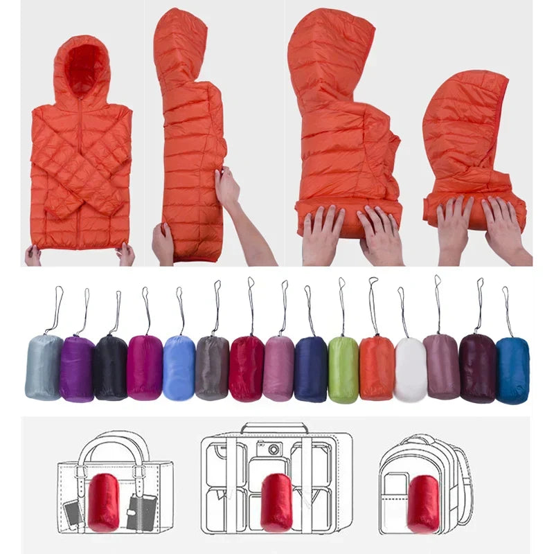 Ultra-light women's winter jacket with hood. Insulated outerwear for warmth, travel & daily use.
