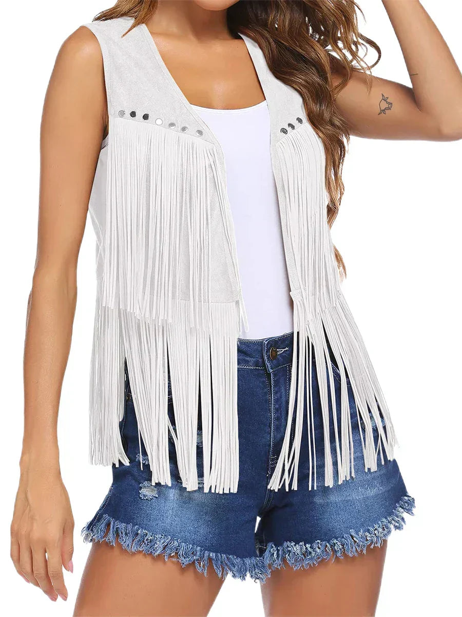 Women's layering vest: sleeveless, open front, bohemian fringe, and a chic design.