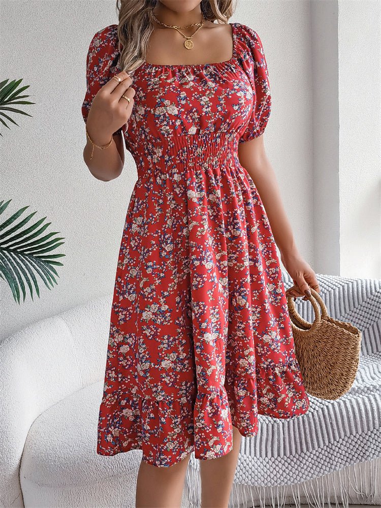 Delicate floral print smocked midi dress, women's puff sleeve, elegant summer fashion attire.