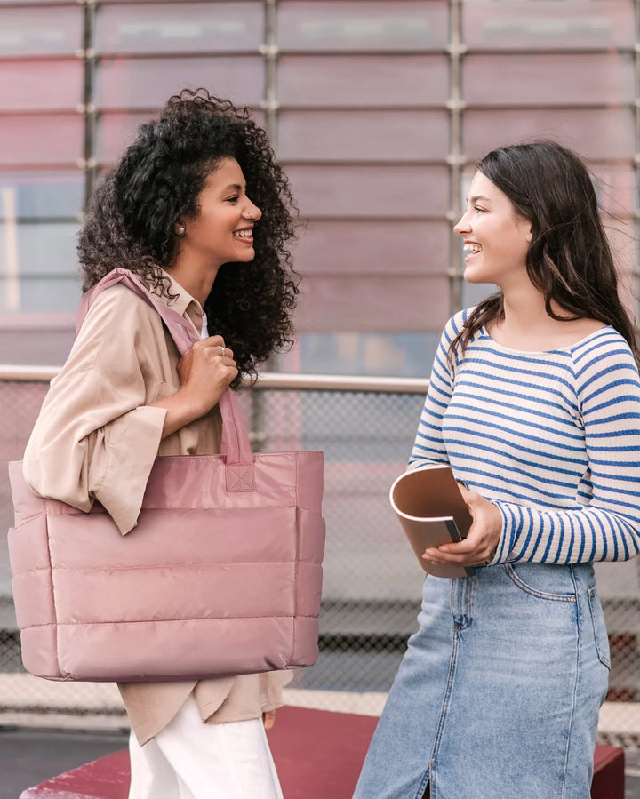 Large, soft puffy tote bag for women, stylish quilted design, lightweight for comfortable carrying.