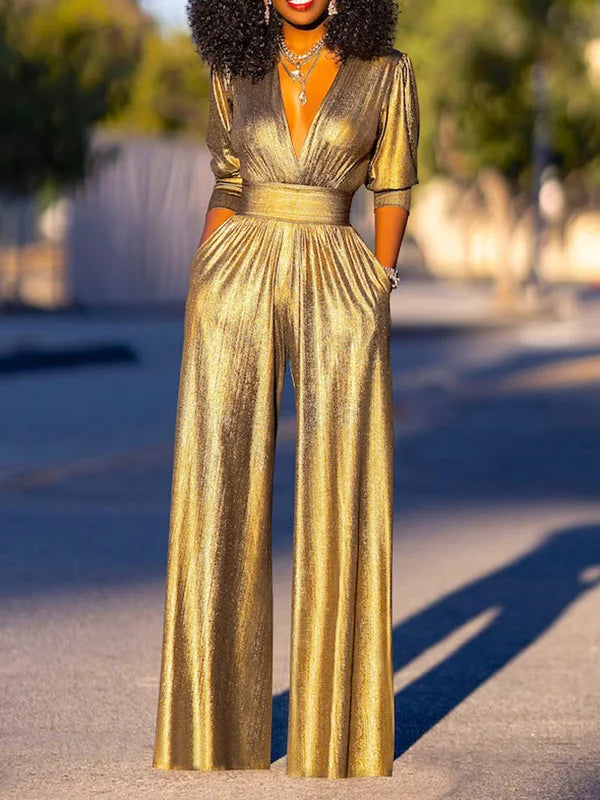 Women's shimmering jumpsuit: elegant, comfortable, and full-length. Perfect for glamorous party wear.