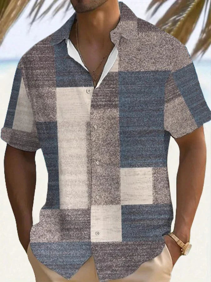 Men's vintage patchwork casual short sleeve shirt, relaxed fit. Stylish summer beach & vacation top.