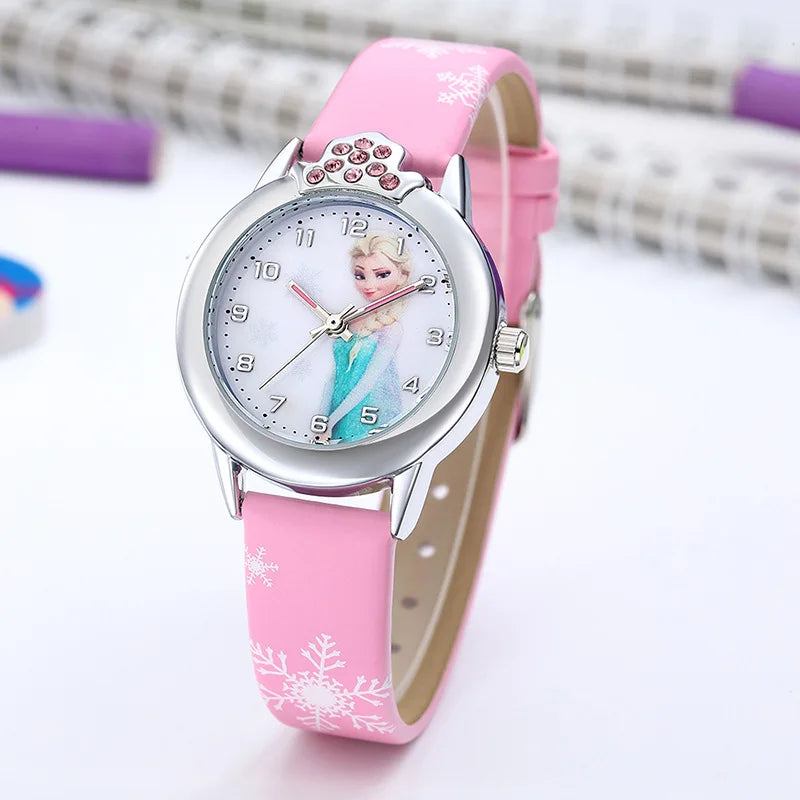 Girls' daily wear watch, Frozen Princess Elsa design, blue leather band. Perfect children's accessory.