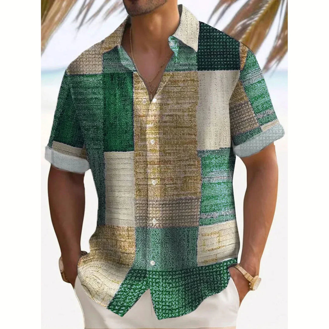 Colorful men's vintage patchwork short sleeve shirt. Relaxed fit, ideal for summer casual wear & vacation.