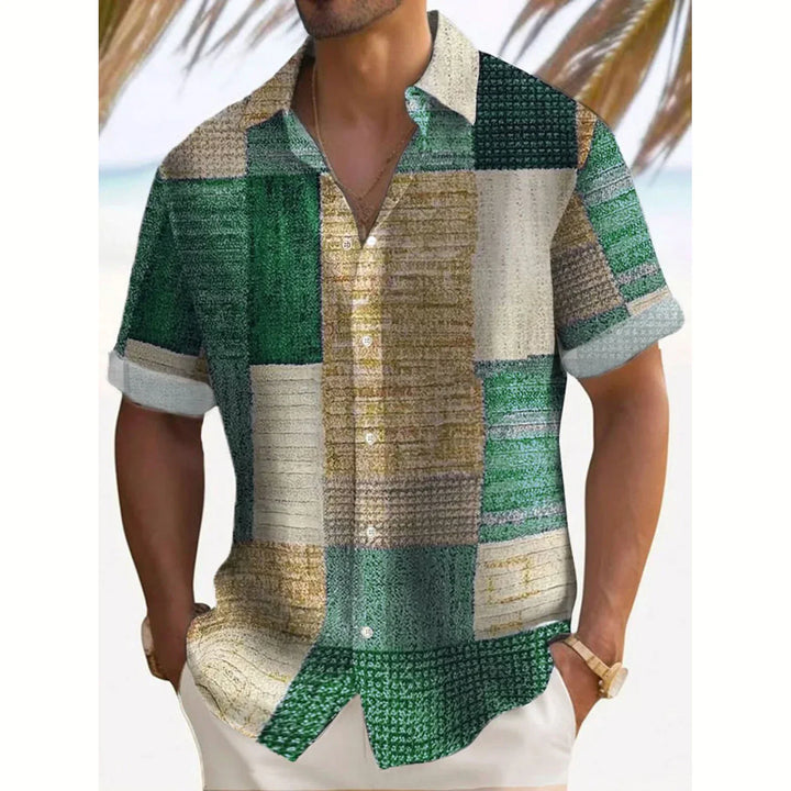 Colorful men's vintage patchwork short sleeve shirt. Relaxed fit, ideal for summer casual wear & vacation.
