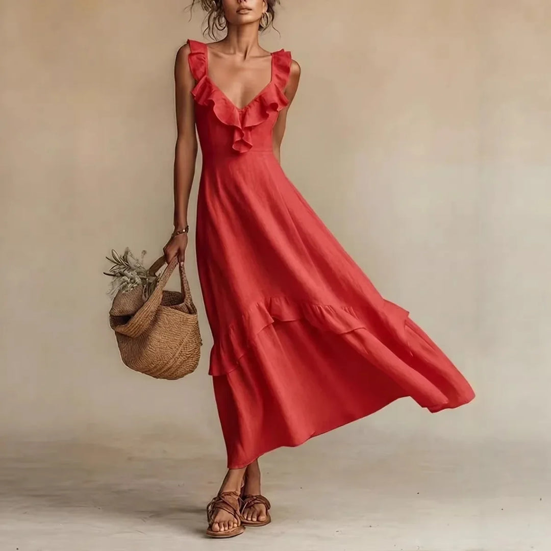 Flowy A-line maxi dress for women, featuring a tiered hem and V-neck, perfect for elegant casual summer wear.