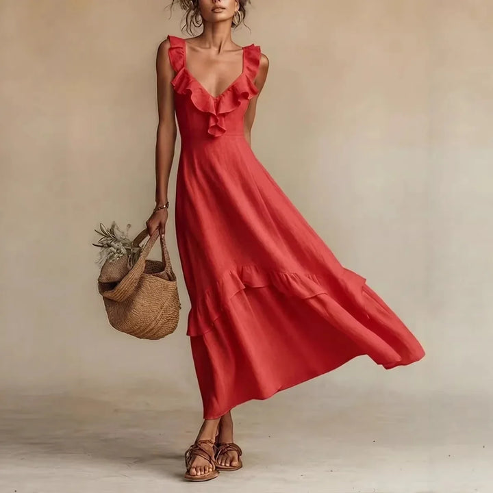 Flowy A-line maxi dress for women, featuring a tiered hem and V-neck, perfect for elegant casual summer wear.