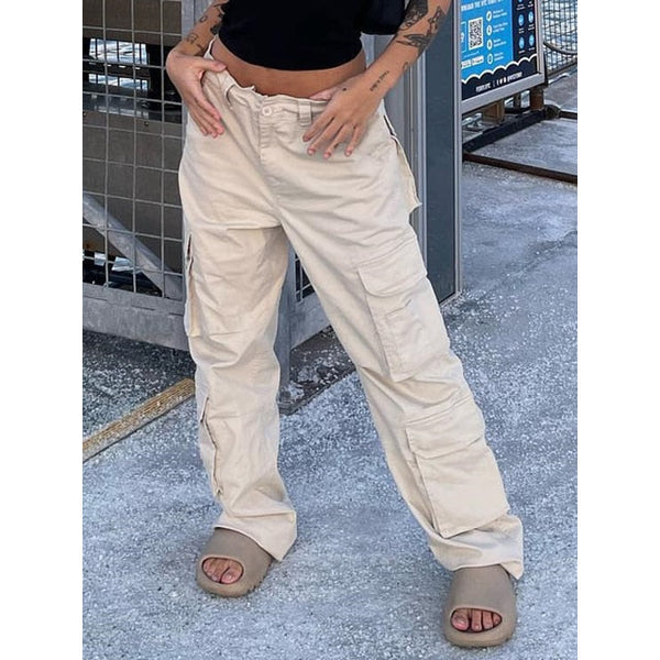 Modern women's wide leg utility cargo pants, perfect for streetwear fashion and casual comfort.