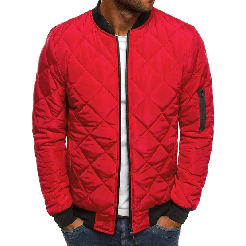 Close-up of men's diamond pattern quilted jacket, showcasing texture for elegant cold-weather layering.