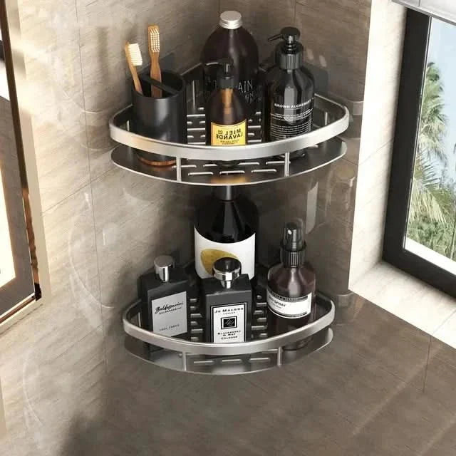 Practical two-tier corner storage shelf for showers, no-drill design keeps toiletries neat & accessible.