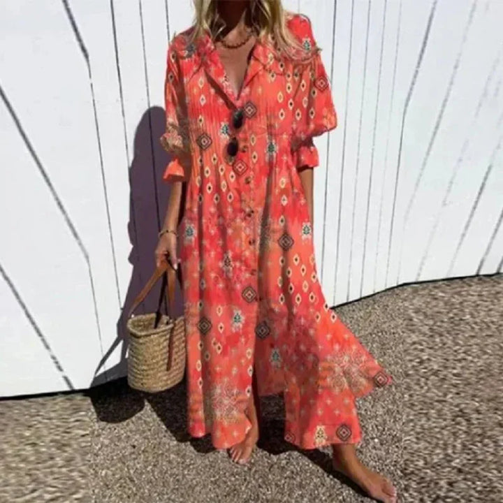 Elegant women's boho V-neck maxi dress, flowy and relaxed fit, perfect for stylish summer casual wear and holidays.