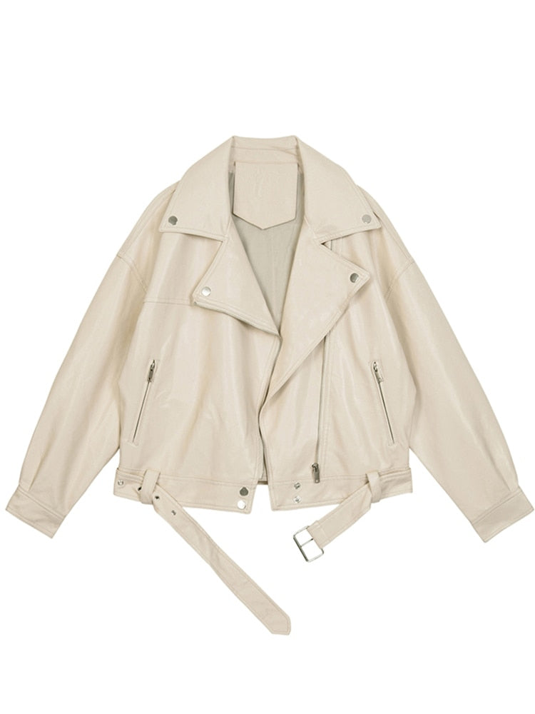 Women's oversized black biker jacket, a stylish moto outerwear piece perfect for casual wear & versatile fashion.