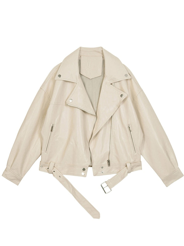Women's oversized black biker jacket, a stylish moto outerwear piece perfect for casual wear & versatile fashion.
