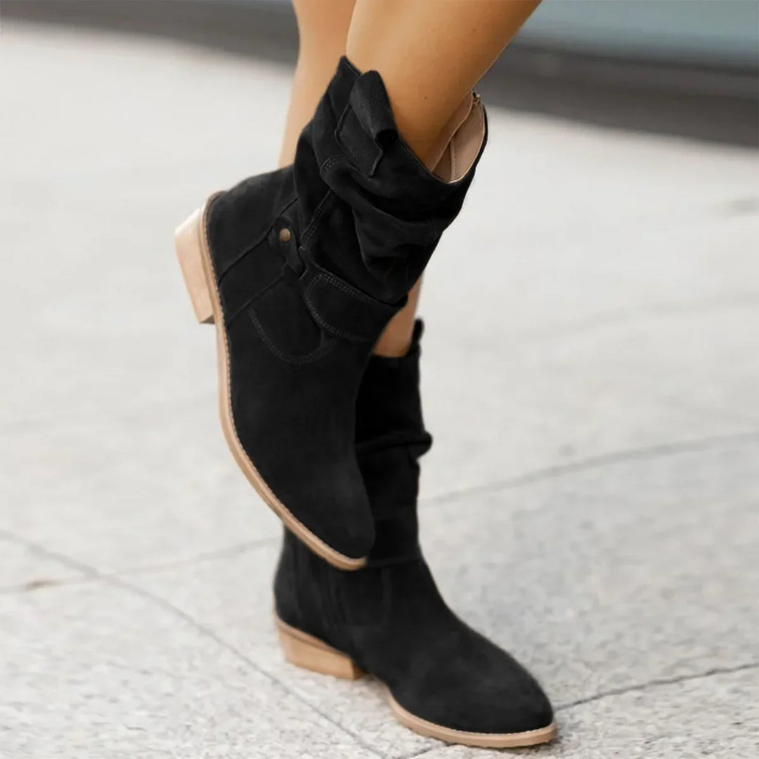 Everyday women's flat ankle boots featuring a round toe, block heel & convenient zipper. Cozy winter style.