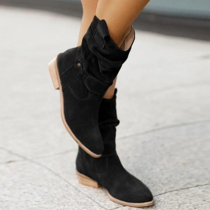 Everyday women's flat ankle boots featuring a round toe, block heel & convenient zipper. Cozy winter style.