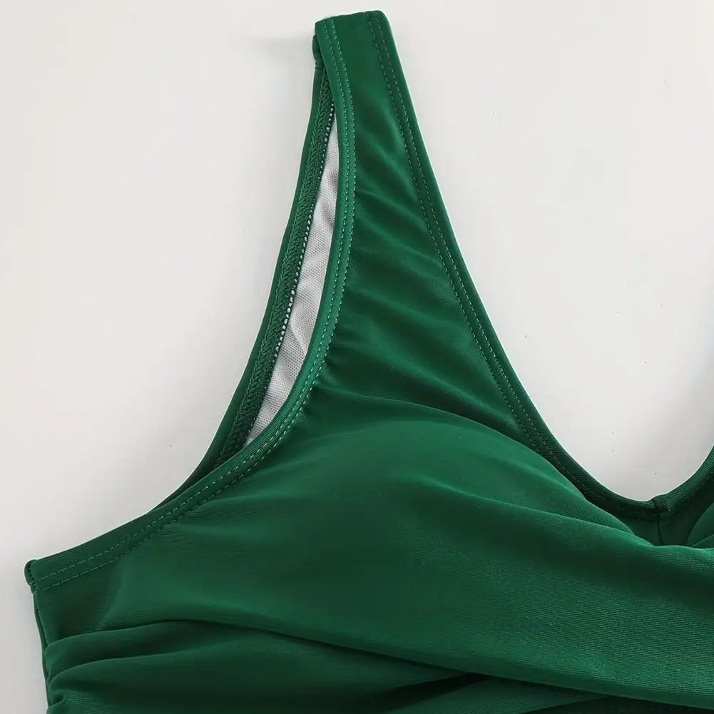 Summer-ready women's V-neck bikini. High-waist tummy control swimwear, ideal for vacation.