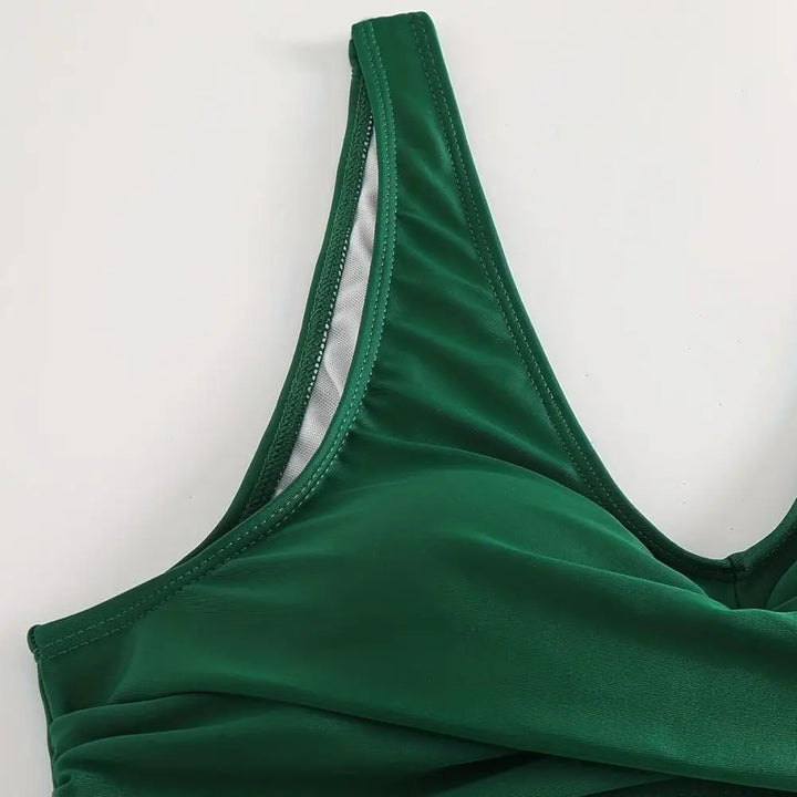 Summer-ready women's V-neck bikini. High-waist tummy control swimwear, ideal for vacation.