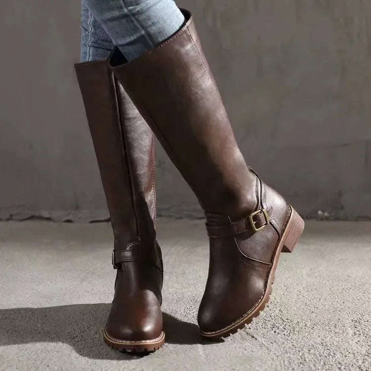 Chic women's tall comfort boots, orthopedic support for fall & winter. Stylish buckle detail, everyday wear.