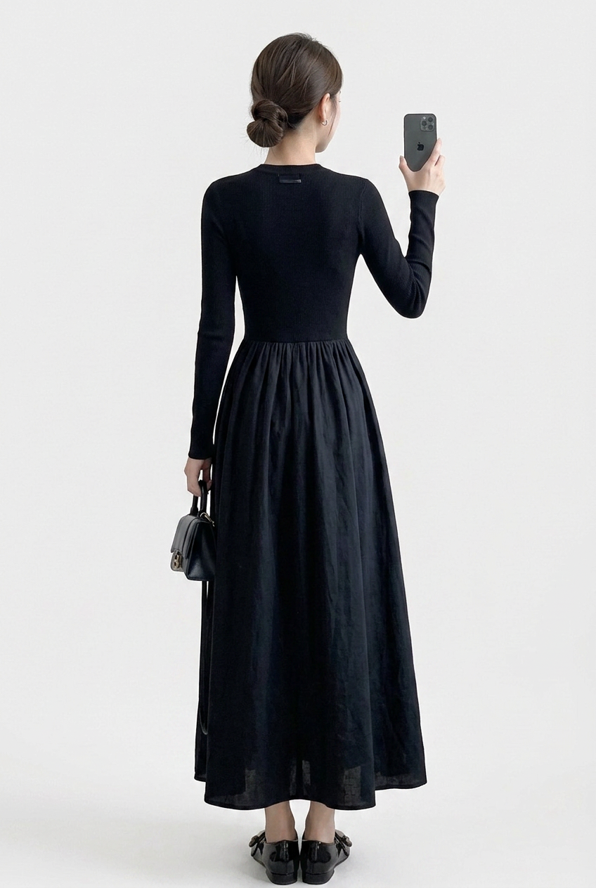 Versatile women's black high neck long sleeve top with matching textured midi A-line skirt set.
