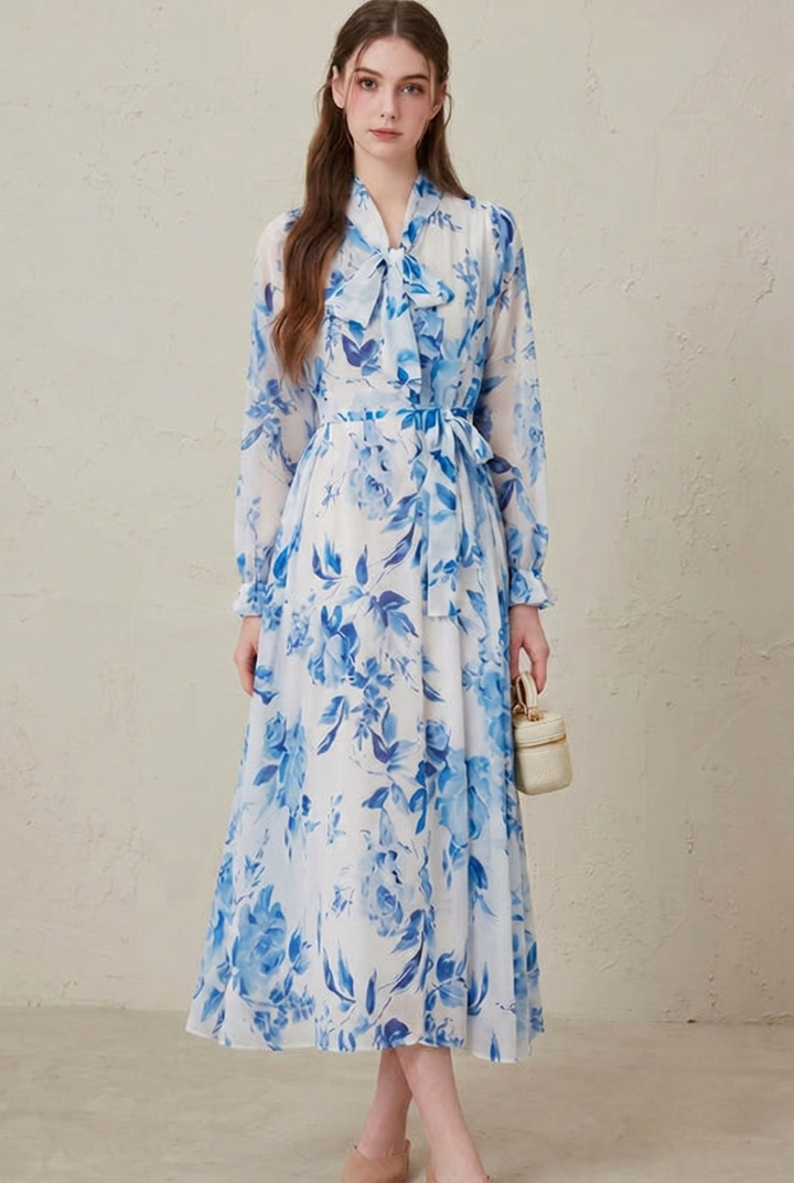 Versatile women's blue porcelain floral print long sleeve maxi dress, perfect for elegant modest fashion and occasions.