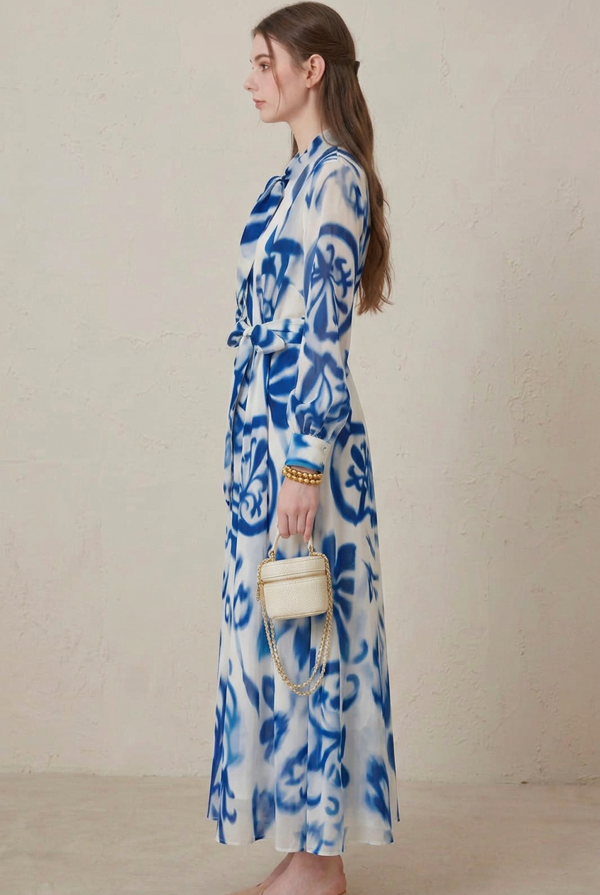 Full-length view of women's blue porcelain print long sleeve maxi dress, showcasing elegant floral design and long sleeves.