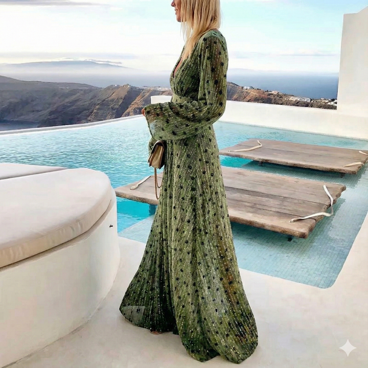 Relaxed fit green maxi dress for women, featuring a deep V-neck and long sleeves, ideal for vacation wear.