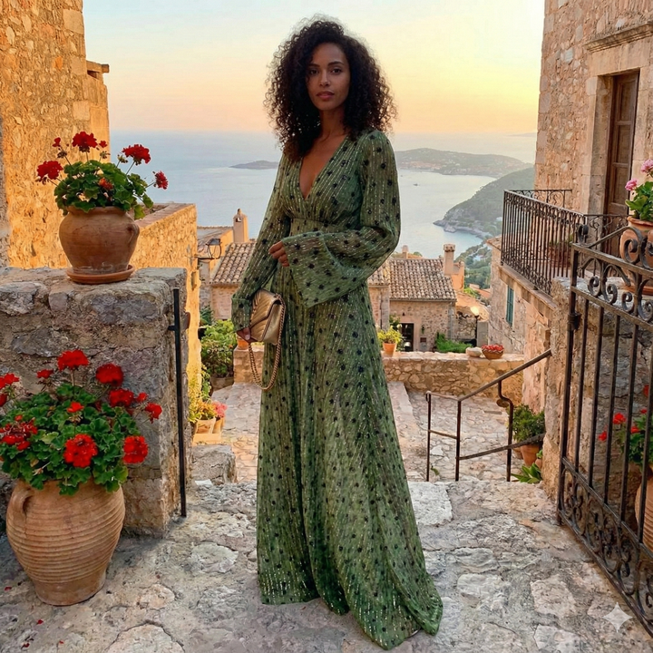 Elegant green long-sleeve maxi dress with deep V-neck, flowy bohemian style for summer or occasion wear.