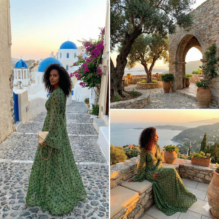 Women's flowy green deep V-neck long-sleeve maxi dress, a stylish and comfortable choice for various events.