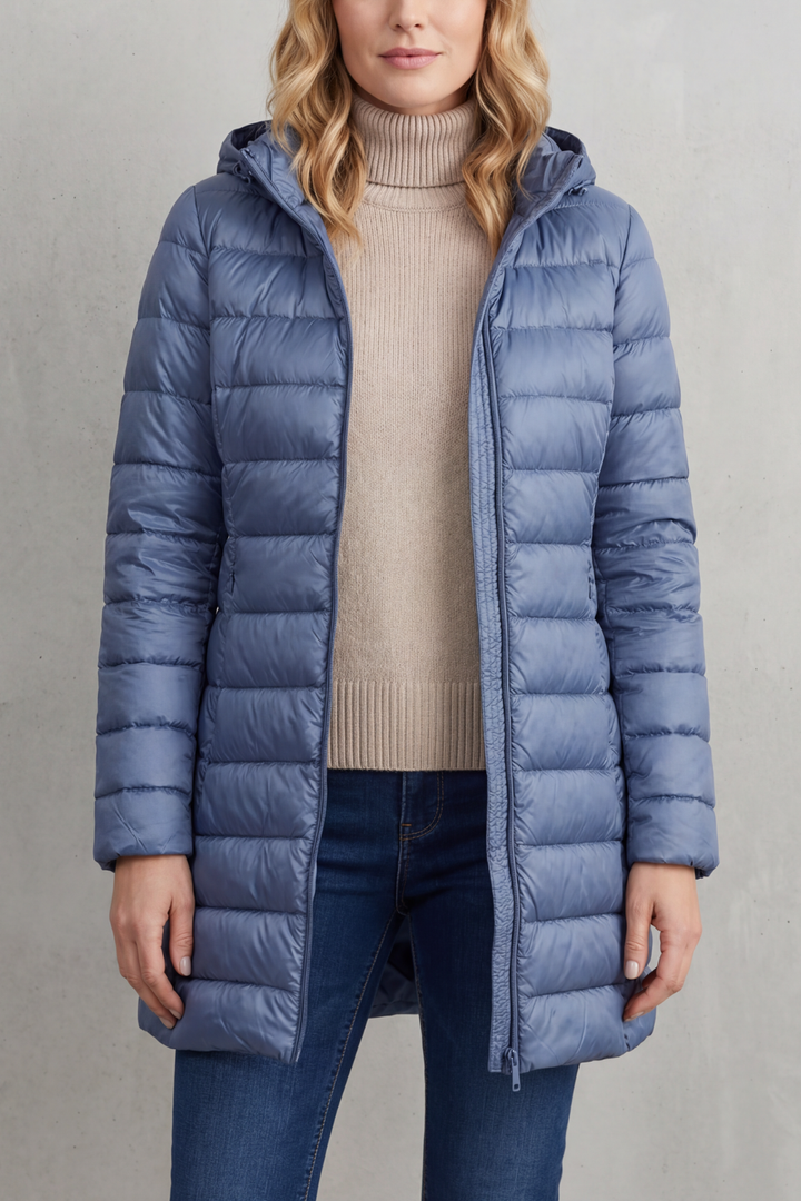 Women's ultra-lightweight hooded puffer jacket in black, perfect for cozy warmth & fall fashion.