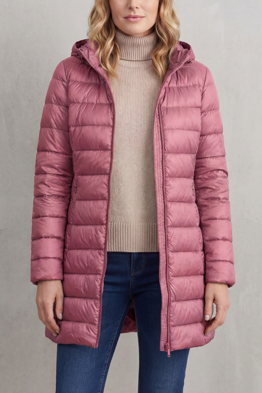 Ultra-light women's hooded puffer winter coat, designed for maximum warmth and comfort.