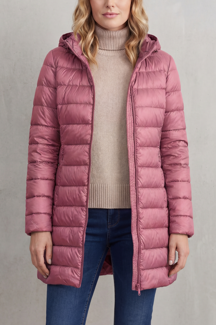 Ultra-light women's hooded puffer winter coat, designed for maximum warmth and comfort.