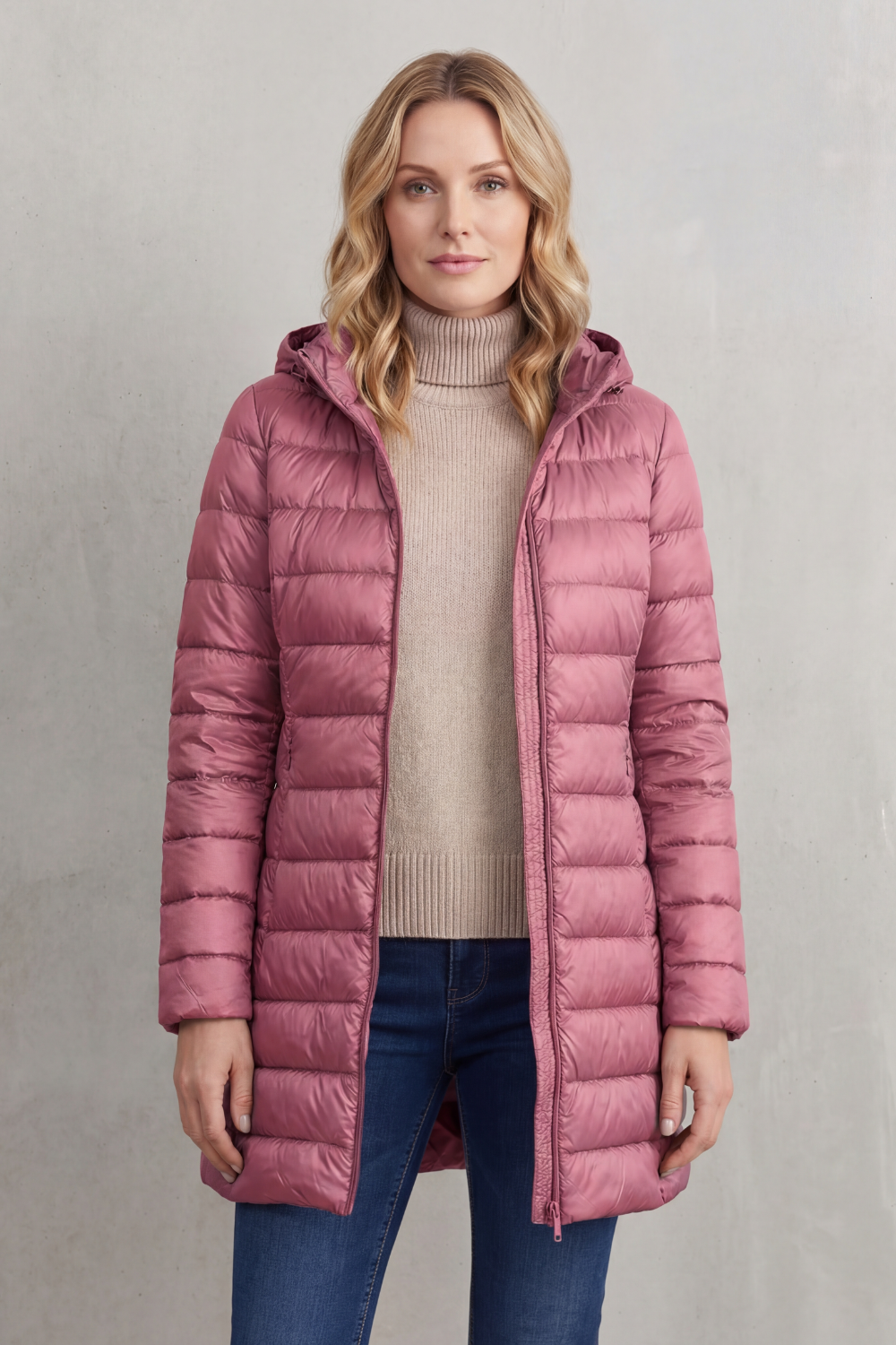 Women's warm hooded puffer jacket, perfect for layering during fall and winter outdoor wear.